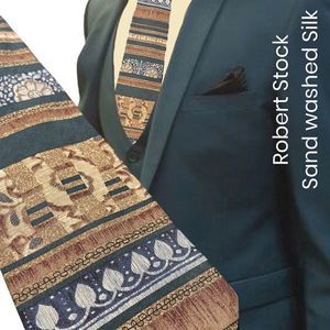 Robert Stock sand washed silk necktie teal/tan/blue/brown